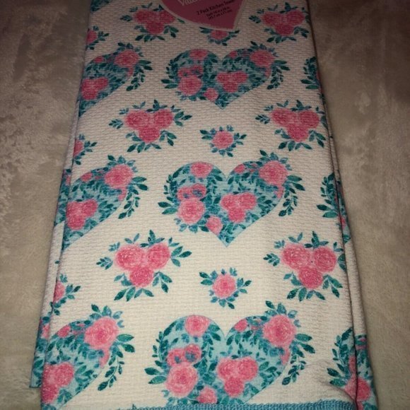Blue Hearts Pink Flowers Valentine's Easter Day Kitchen Towel Set‎ (2) New - Picture 5 of 10